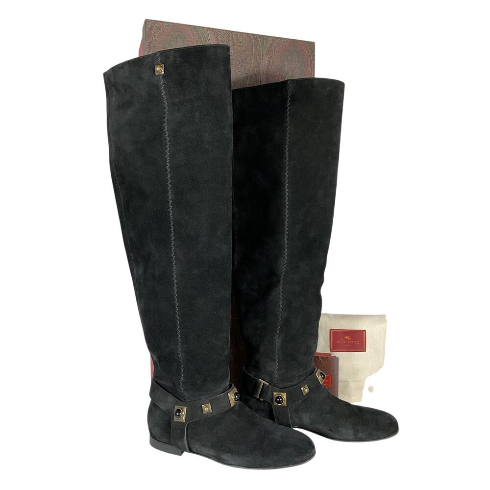 Etro Suede Black Crown Me Knee High Boots Size EU 40 / US 10 - Picture 2 of 6